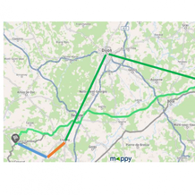 Exemple de trajet multimodal réalisé pendant le challenge (train + vélo + covoiturage).