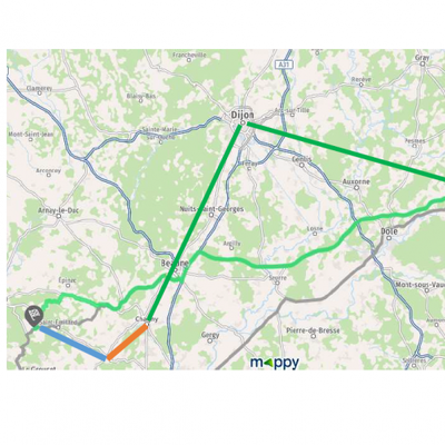 Exemple de trajet multimodal réalisé pendant le challenge (train + vélo + covoiturage).